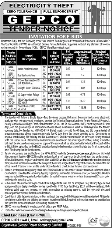 GEPCO Gujranwala Tender Notice